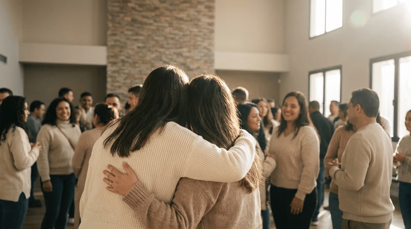 Dos mujeres abrazadas en el salón de la iglesia, con la congregación conversando alrededor al acabar el culto