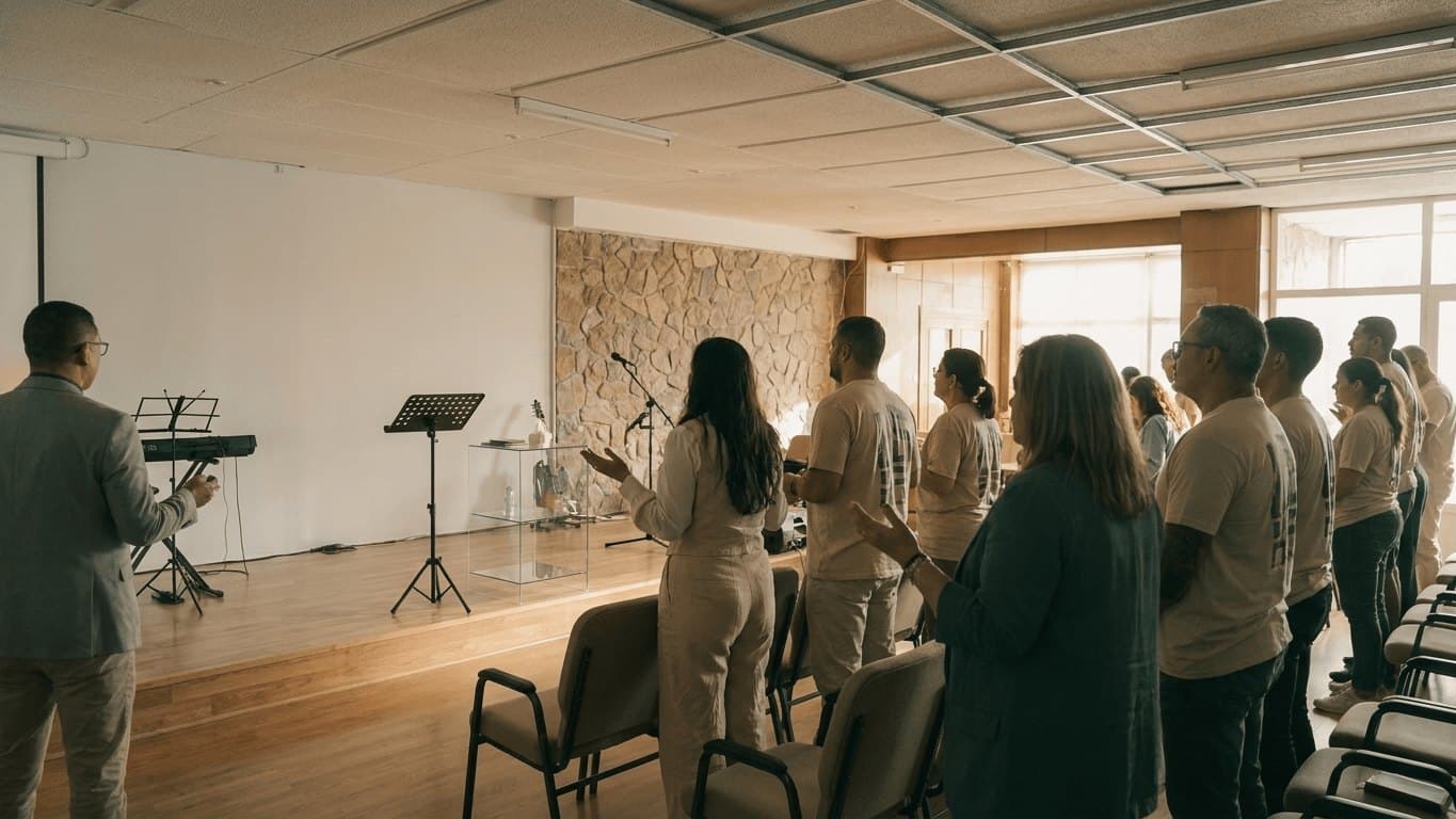 La congregación de pie, cantando, un domingo por la mañana